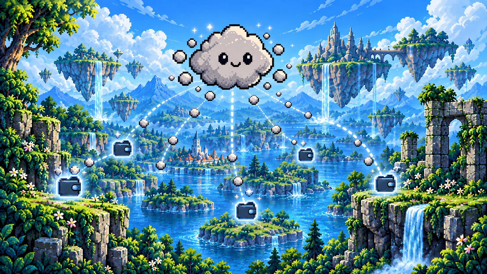 Dusty the cloud sprinkling DUSTY into wallets across a floating-island world